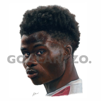 Watermarked image of a piece of fan art of Bukayo Saka which is used in Goalartzo Hoodies. The portrait of Saka shows him looking towards the viewer, and the top of his Arsenal shirt. The art is realistic but has a softness which acrylic paints and coloured pencils bring.