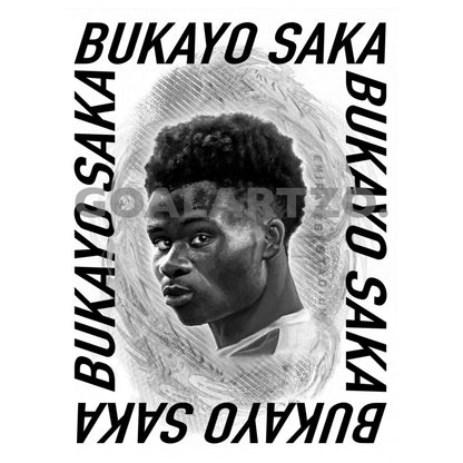 Watermarked image showing the whole Bukayo Saka Hoodie design which is printed onto the back of Goalartzo Hoodies. The design is punchy, in black and white, showing a scan of Bukayo Saka Portrat art surrounded by 360 degree lettering reading the player's name.